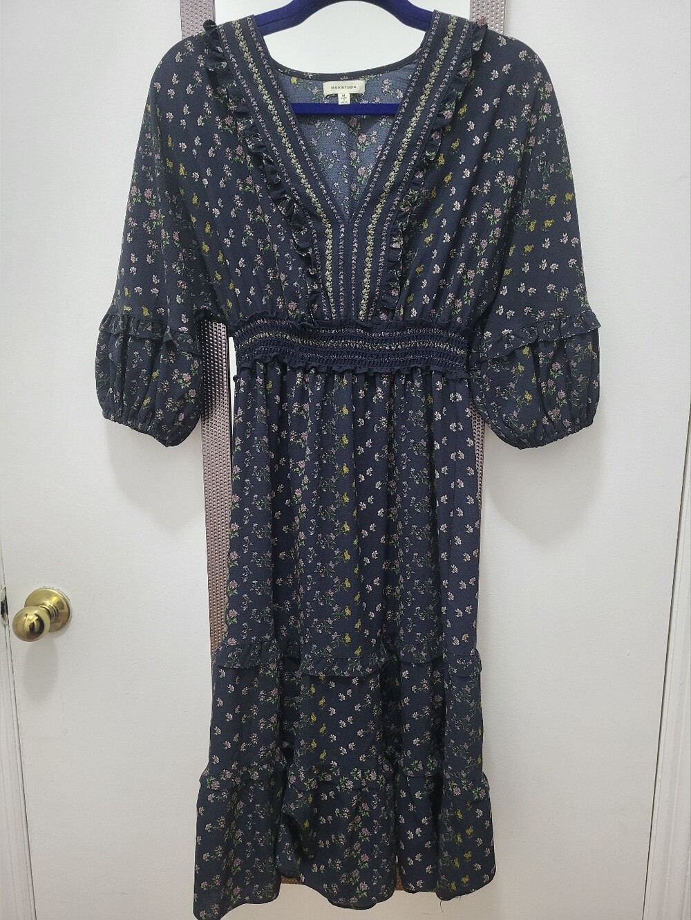 Max‎ Studio V-Neck Empire Waist Dress 3/4 Sleeve Navy Floral Flowy Womens sz M
